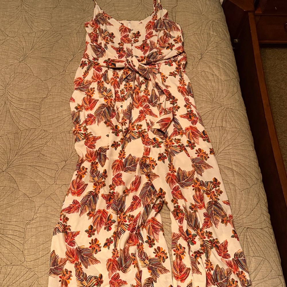 Free People Cream Floral Jumpsuit with Red and Orange Print